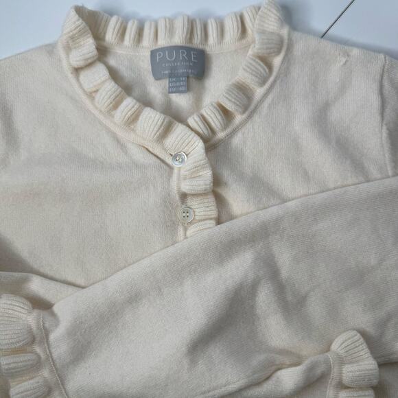 PURE Collection Womens 100% Cashmere Sweater Size US 8-10 Ivory Ruffle  Cardigan - Picture 1 of 9